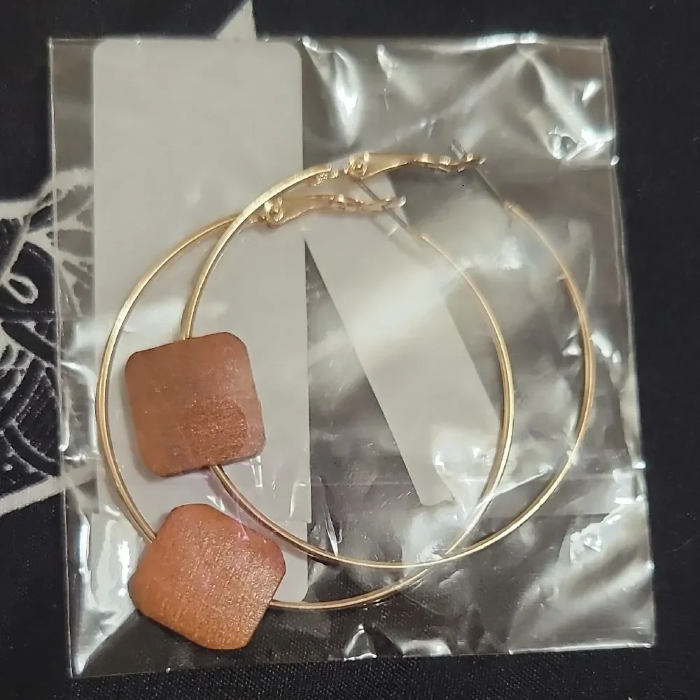 Elegant Gold Hoop Earrings with Brown Wood Accent Charm